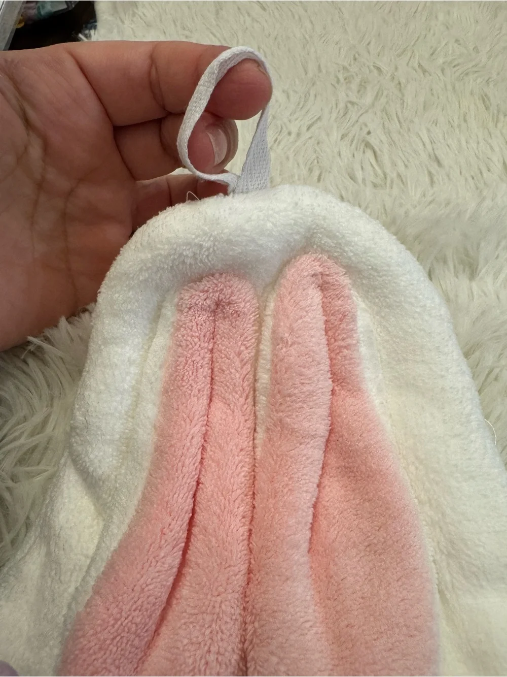 Plush Bunny hand towel - White & Pink bathroom kitchen hanging